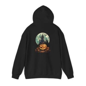 The Haunted Halloween Night Unisex Heavy Blend™ Hooded Sweatshirt features a back graphic of a witch on a broomstick, glowing jack-o'-lantern, pumpkins, and a full moon.