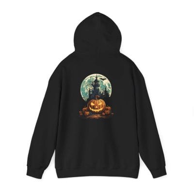 The Haunted Halloween Night Unisex Heavy Blend™ Hooded Sweatshirt features a back graphic of a witch on a broomstick, glowing jack-o'-lantern, pumpkins, and a full moon.