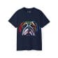 The Bull Dog Face Unisex Ultra Cotton Tee is a navy blue shirt with a vibrant, stylized bulldog face design—ideal for fans of unique custom bulldog apparel.