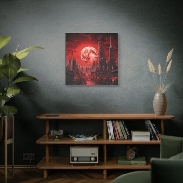 A living room with a wooden shelf, books, plants, and the "Blood Moon Over Ruins — Dystopian Cityscape Canvas, Stretched, 1.25” artwork mounted on the wall. A living room with a wooden shelf, books, plants, and the "Blood Moon Over Ruins — Dystopian Cityscape Canvas, Stretched, 1.25” artwork mounted on the wall.