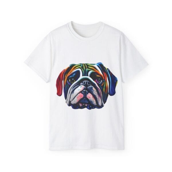 The Bull Dog Face Unisex Ultra Cotton Tee features a bold, colorful bulldog illustration on the front—ideal for fans of unique custom bulldog shirts.