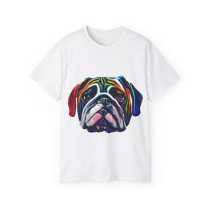 The Bull Dog Face Unisex Ultra Cotton Tee features a bold, colorful bulldog illustration on the front—ideal for fans of unique custom bulldog shirts.
