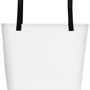 The All-Over Print Large Tote Bag w/ Pocket features black handles and is displayed against a white background.