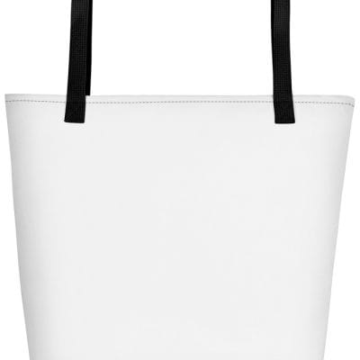 The All-Over Print Large Tote Bag w/ Pocket features a plain white design with black handles, shown against a white background.