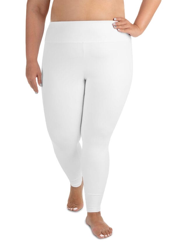 White_5XL A person stands barefoot against a plain background, wearing All-Over Print Plus Size Leggings.
