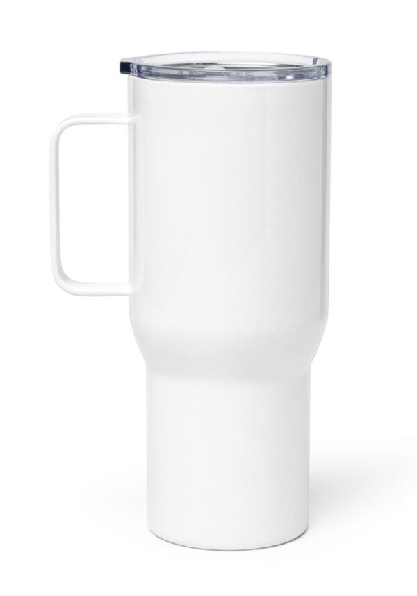 White_25 oz The Customizable Travel Mug with a Handle features a white insulated design and a clear plastic lid, shown upright against a plain white background.