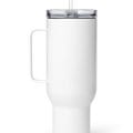 The Customizable Travel Mug with a Handle is shown against a plain white background, featuring insulation, a clear lid, and a straw.