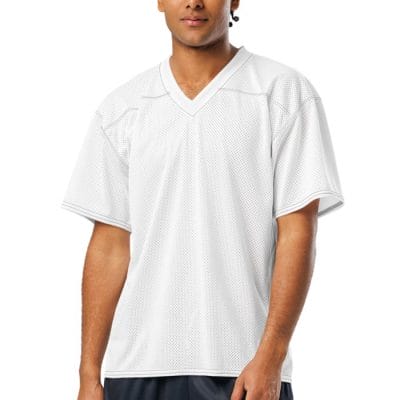 A person stands facing forward, wearing the All-Over Print American Football Jersey and black shorts against a plain white background.