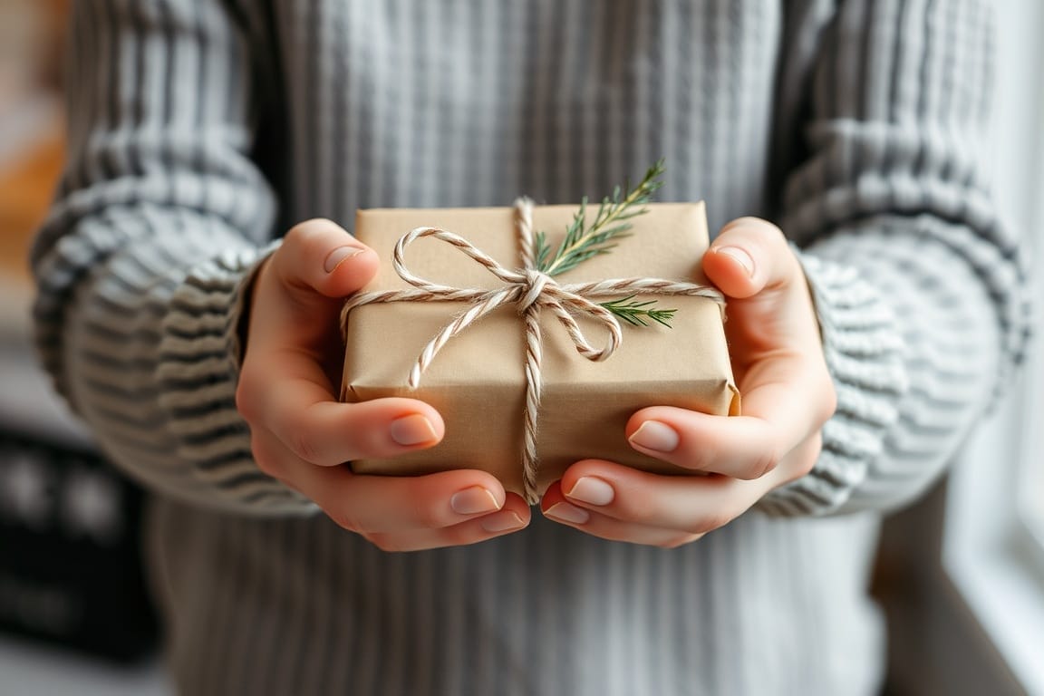 A person holding a neatly wrapped present in both hands